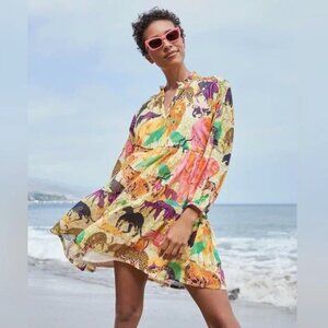 J Crew Vibrant Safari Animal Print Cotton Tiered Popover Dress Women's size XS